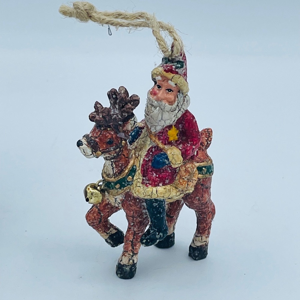 Old World Style Santa Riding on Reindeer Crystalized Finish Twine Hanger